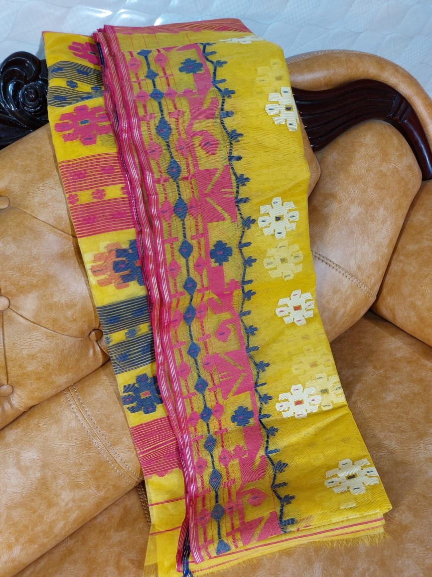 Original Dhakai Jamdani Saree, Yellow with Magenta, Blue, white work allover, Handwoven Halfsilk, Soft 84 count, Traditional Elegant, Classy