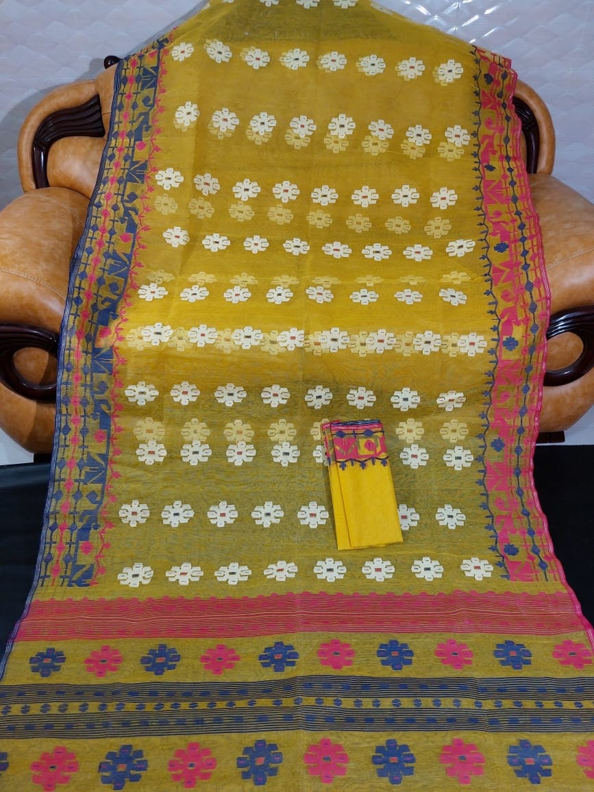 Original Dhakai Jamdani Saree, Yellow with Magenta, Blue, white work allover, Handwoven Halfsilk, Soft 84 count, Traditional Elegant, Classy