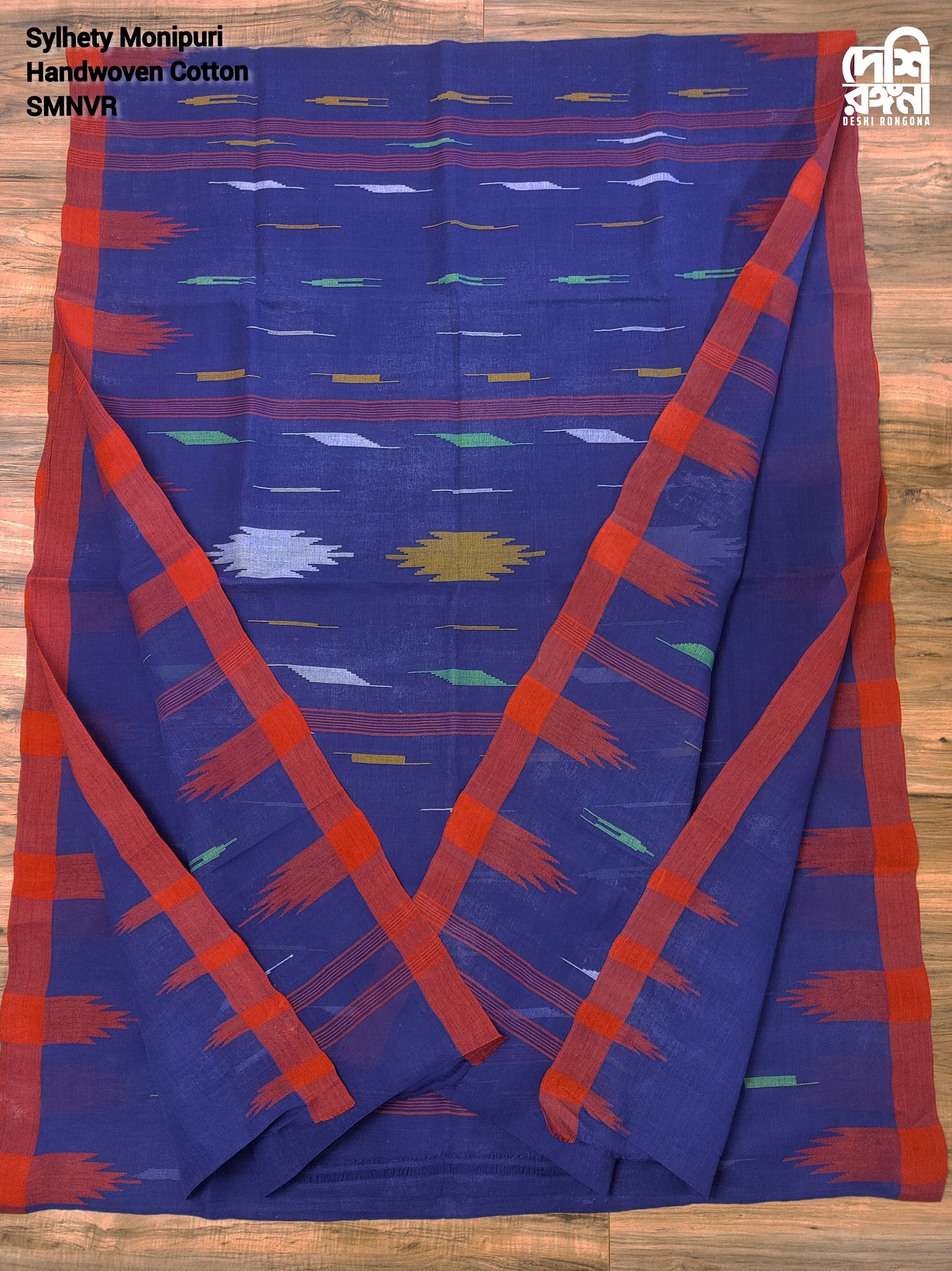 Sylheti Original Monipuri Handwoven Soft Cotton Saree, Navy Blue with Red Hand Woven Border, Bangladeshi, Traditional Saree, Running Blouse