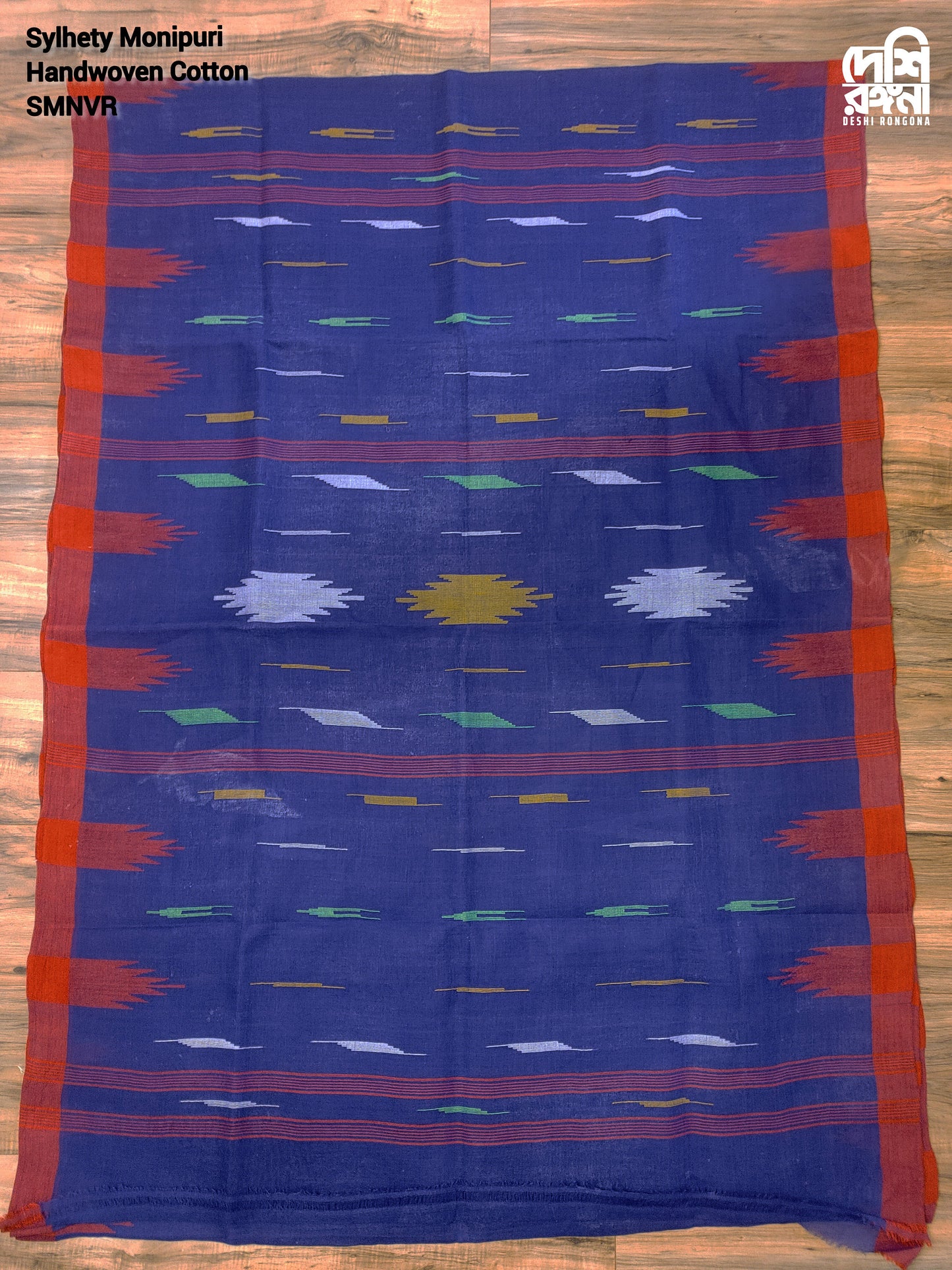 Sylheti Original Monipuri Handwoven Soft Cotton Saree, Navy Blue with Red Hand Woven Border, Bangladeshi, Traditional Saree, Running Blouse