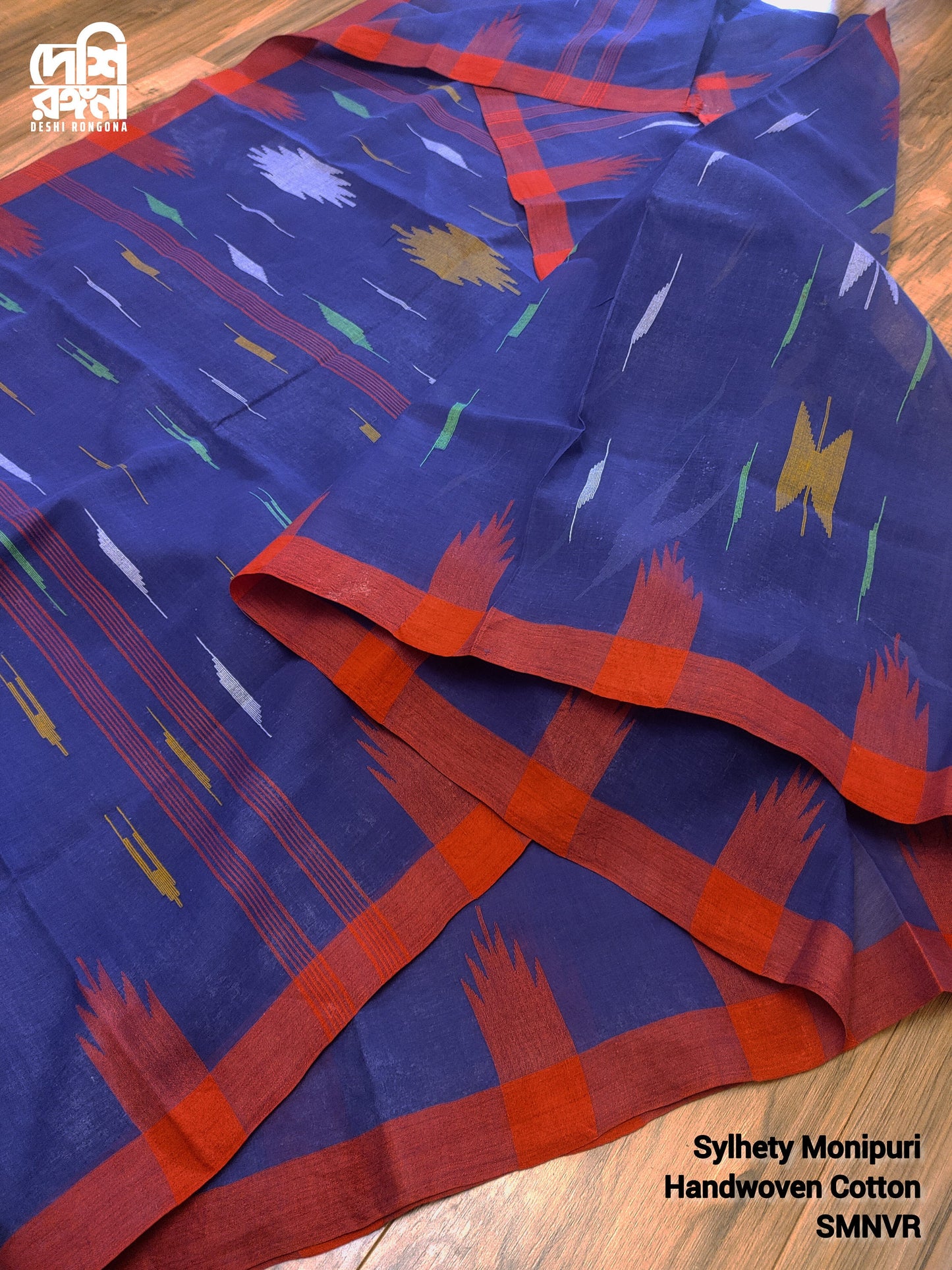 Sylheti Original Monipuri Handwoven Soft Cotton Saree, Navy Blue with Red Hand Woven Border, Bangladeshi, Traditional Saree, Running Blouse