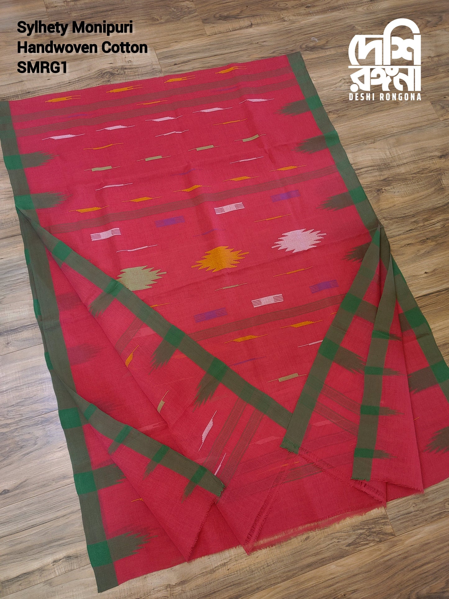 Sylheti Monipuri Handwoven Soft Cotton Saree – Pinkish Red & Green