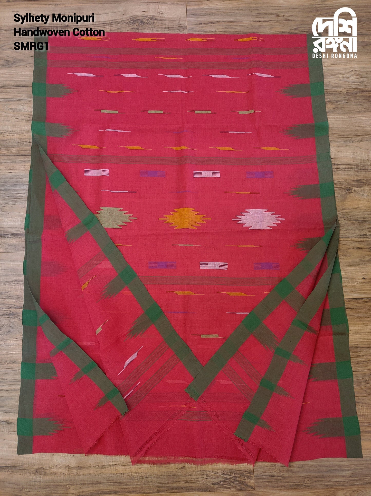 Sylheti Monipuri Handwoven Soft Cotton Saree – Pinkish Red & Green