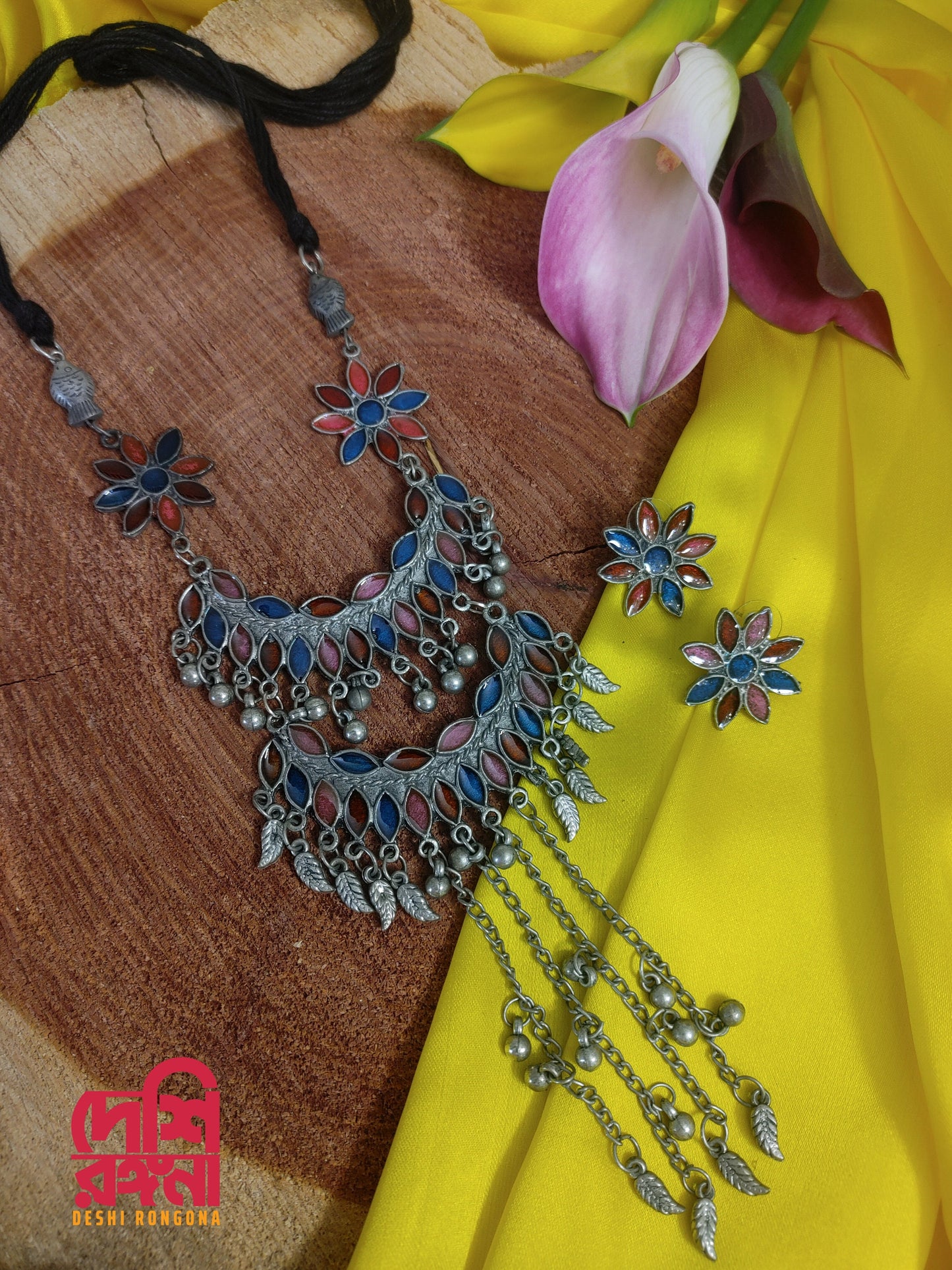 Afgan Oxidized Necklace Set, Glass Coat Color, Multi Layered, Multi Colored, Germen Silver Plated, Gorgeous, Trendy Ethnic Jewelry Set
