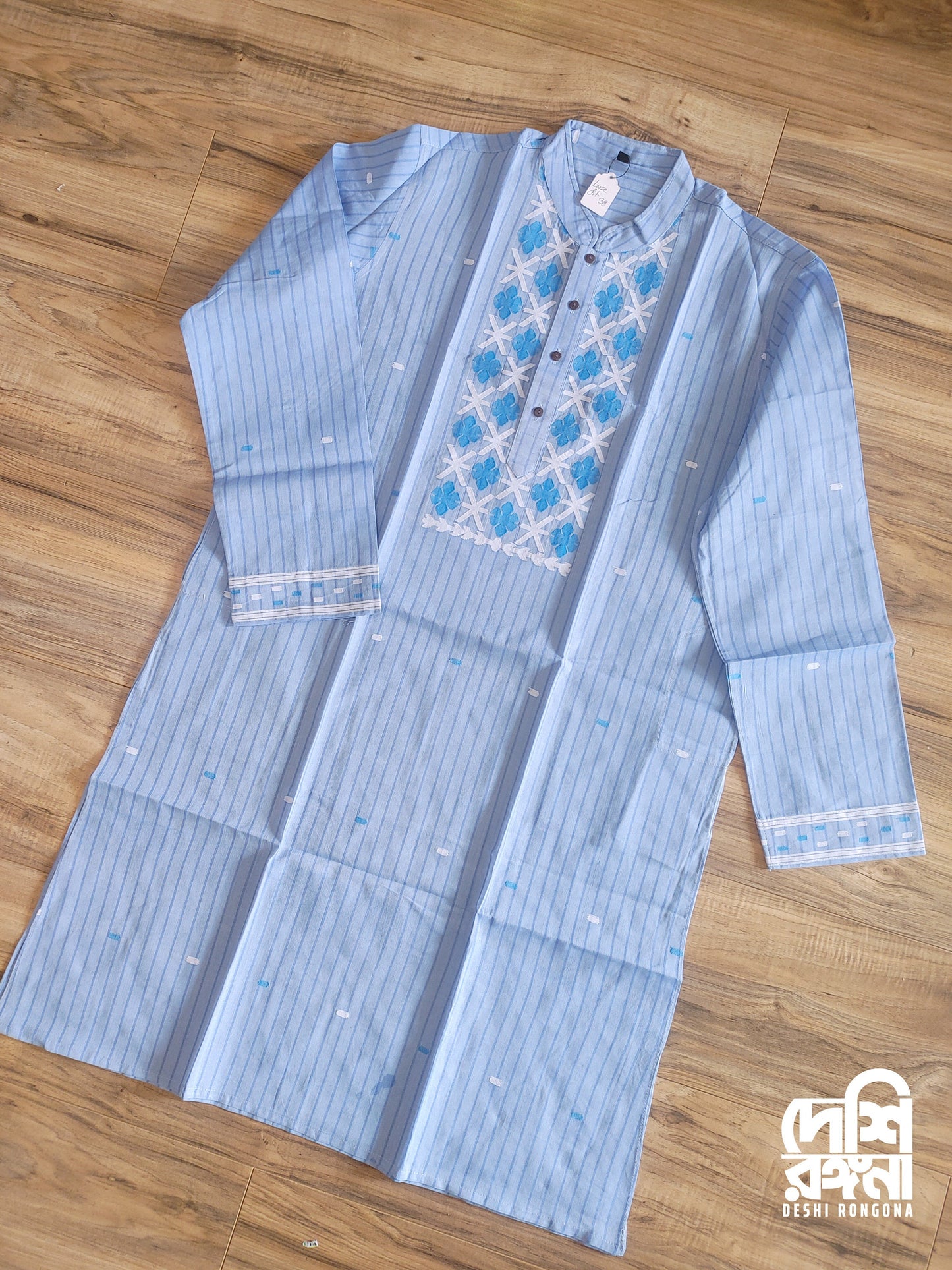 Pure Cotton Dhakai Jamdani Light Blue Stripe Punjabi, Handloom, Comfortable, Elegant, Made in Dhaka, Bangladesh. Slim Fitting