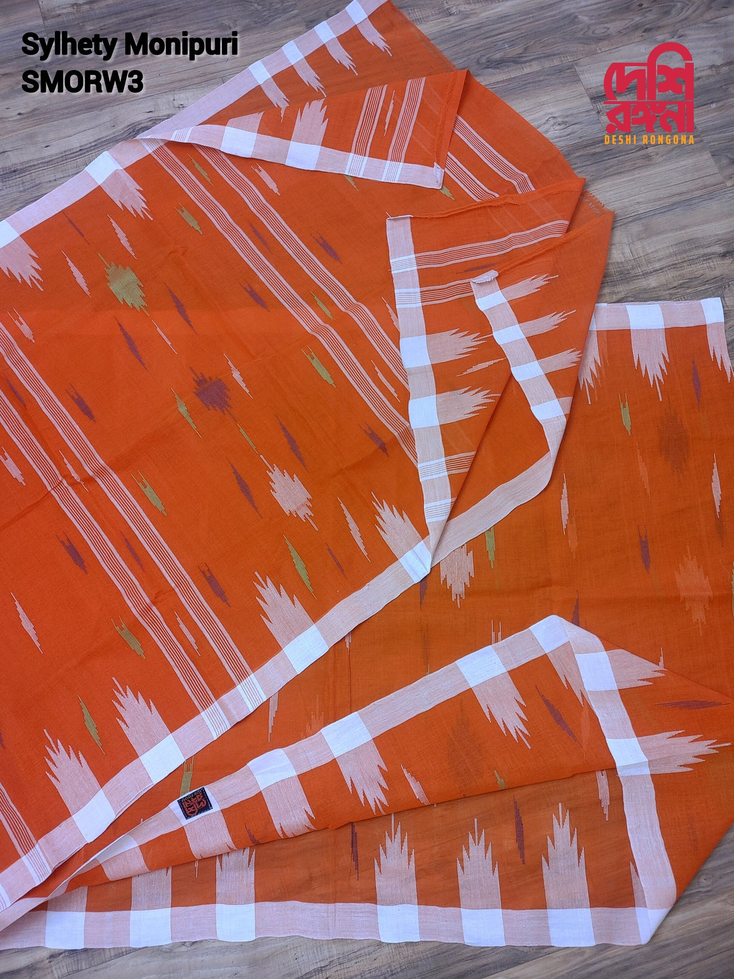 Sylheti Monipuri Cotton Saree – Orange & White Handwoven