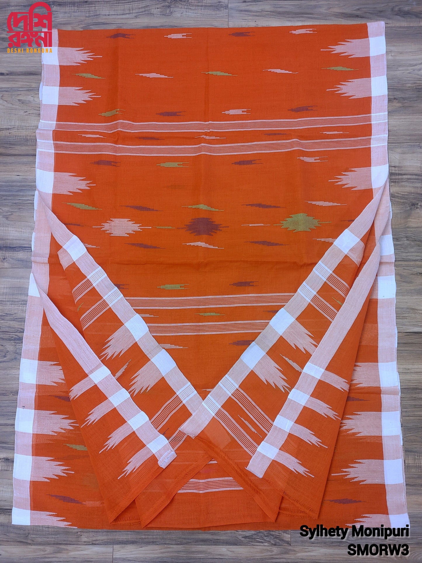 Sylheti Monipuri Cotton Saree – Orange & White Handwoven