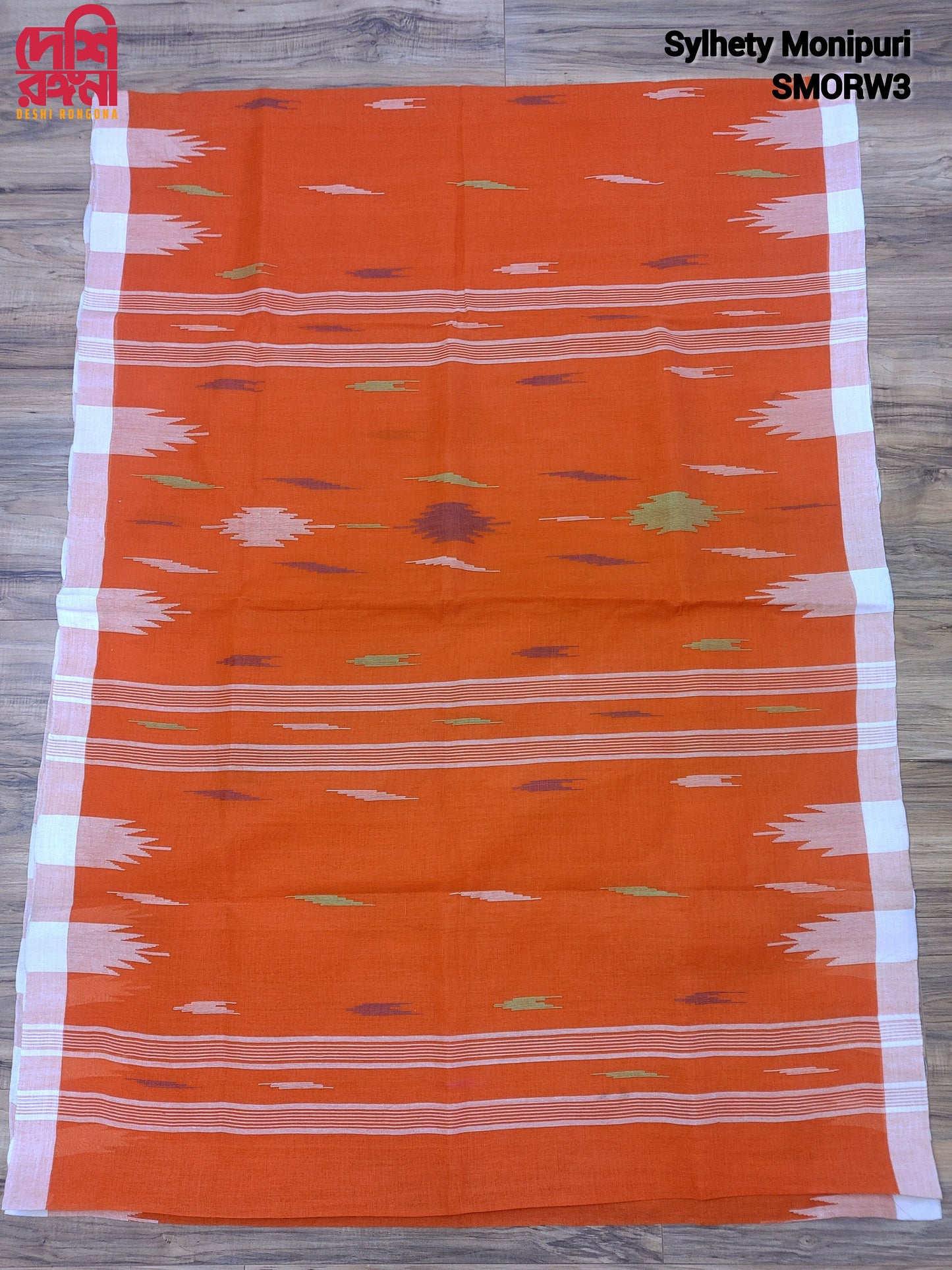 Sylheti Monipuri Cotton Saree – Orange & White Handwoven