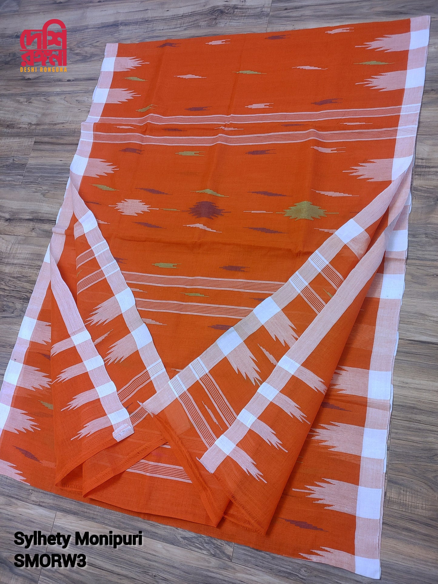 Sylheti Monipuri Cotton Saree – Orange & White Handwoven