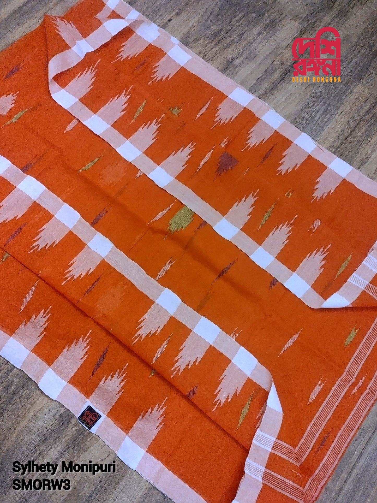 Sylheti Monipuri Cotton Saree – Orange & White Handwoven