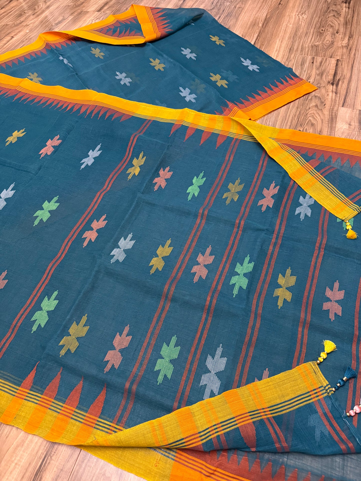 Sylheti Monipuri Handwoven Sea Green Saree with Orange