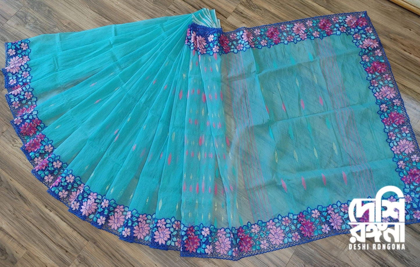Turquoise Dhakai Jamdani with Cutwork Embroidery
