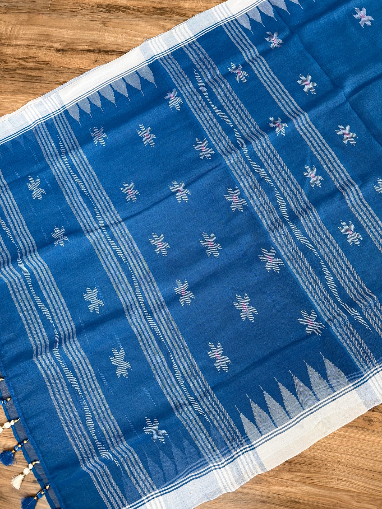 Sylheti Monipuri Handwoven Cotton Saree - Blue
