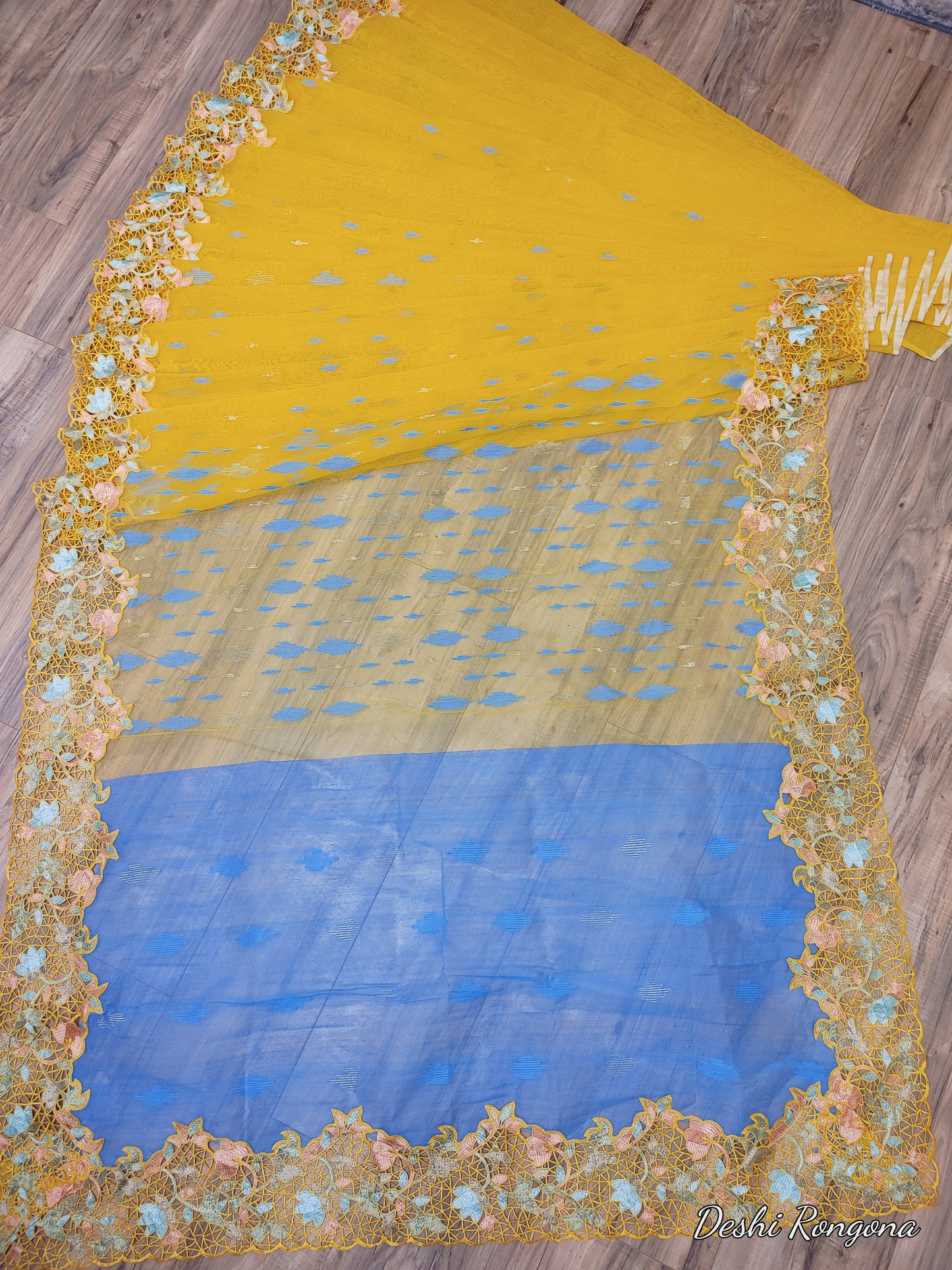 Yellow Original Dhakai Jamdani with Cutwork Embroidery