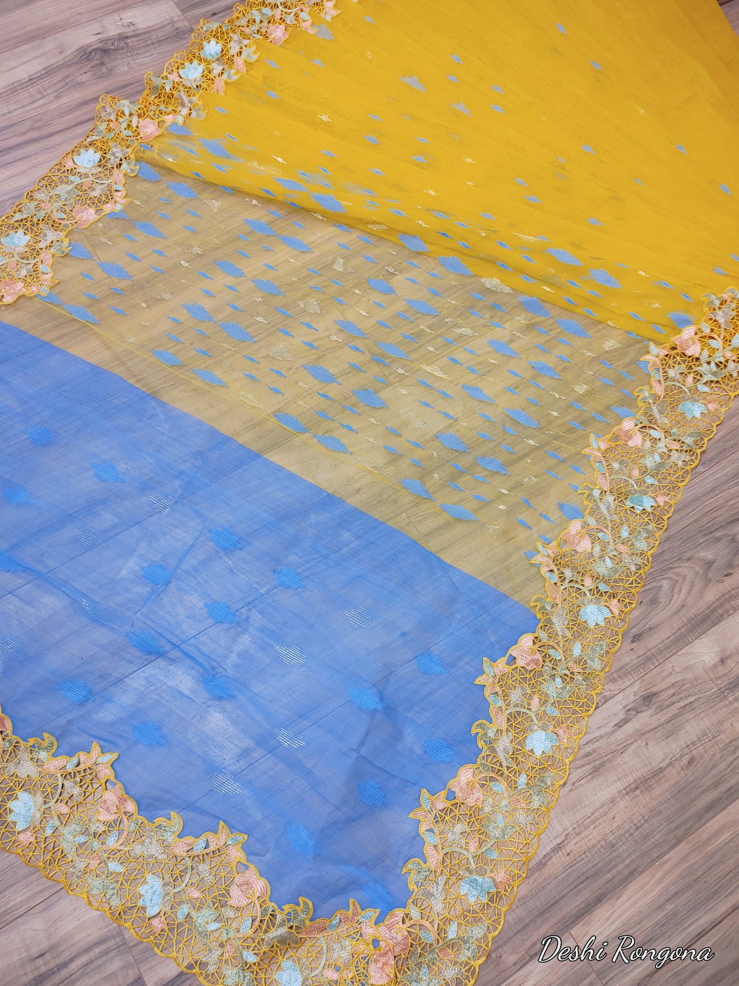 Yellow Original Dhakai Jamdani with Cutwork Embroidery