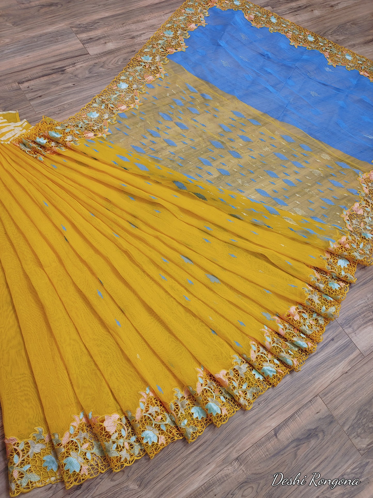 Yellow Original Dhakai Jamdani with Cutwork Embroidery