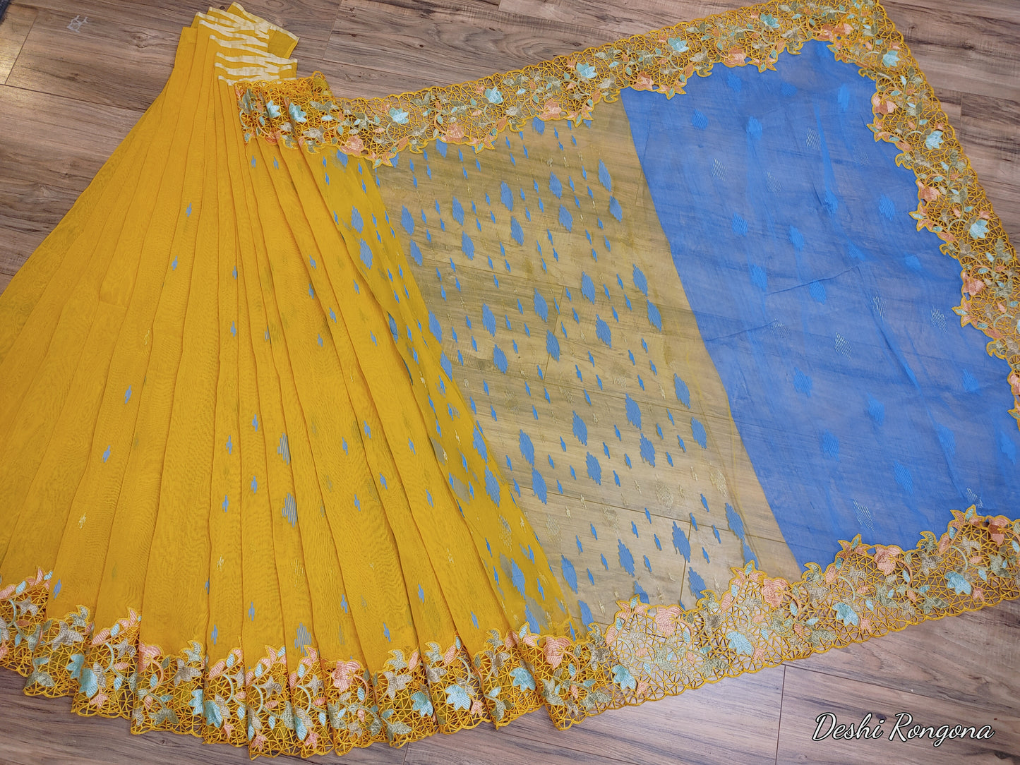Yellow Original Dhakai Jamdani with Cutwork Embroidery