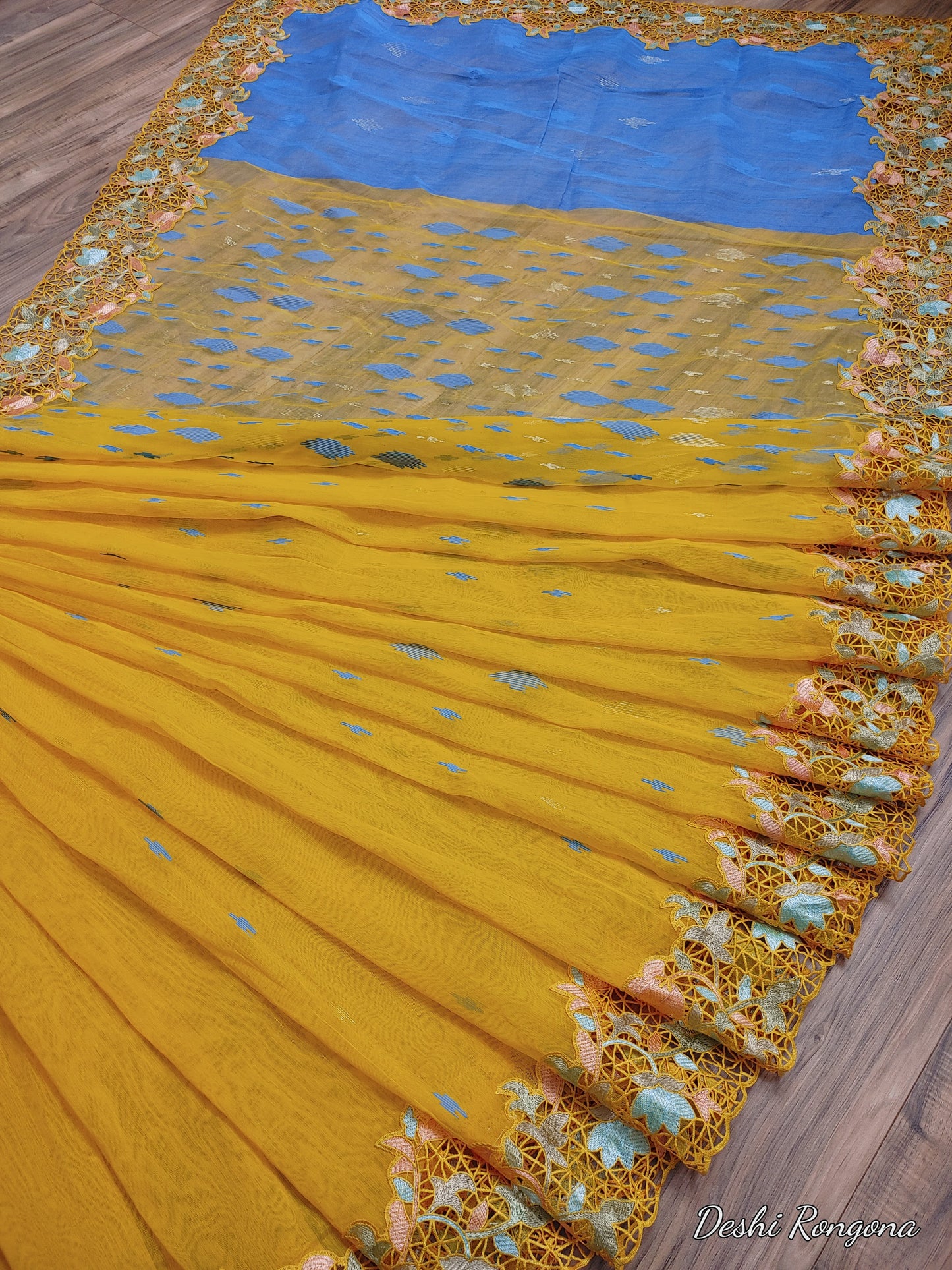 Yellow Original Dhakai Jamdani with Cutwork Embroidery