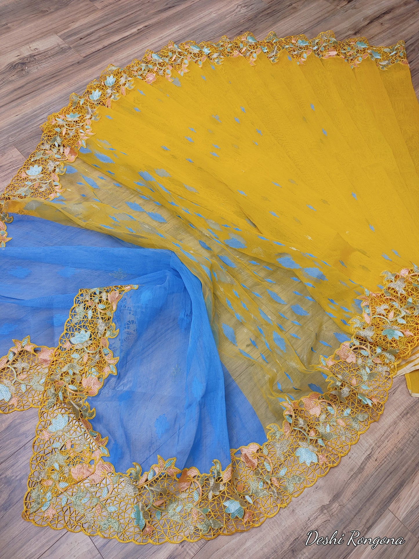 Yellow Original Dhakai Jamdani with Cutwork Embroidery