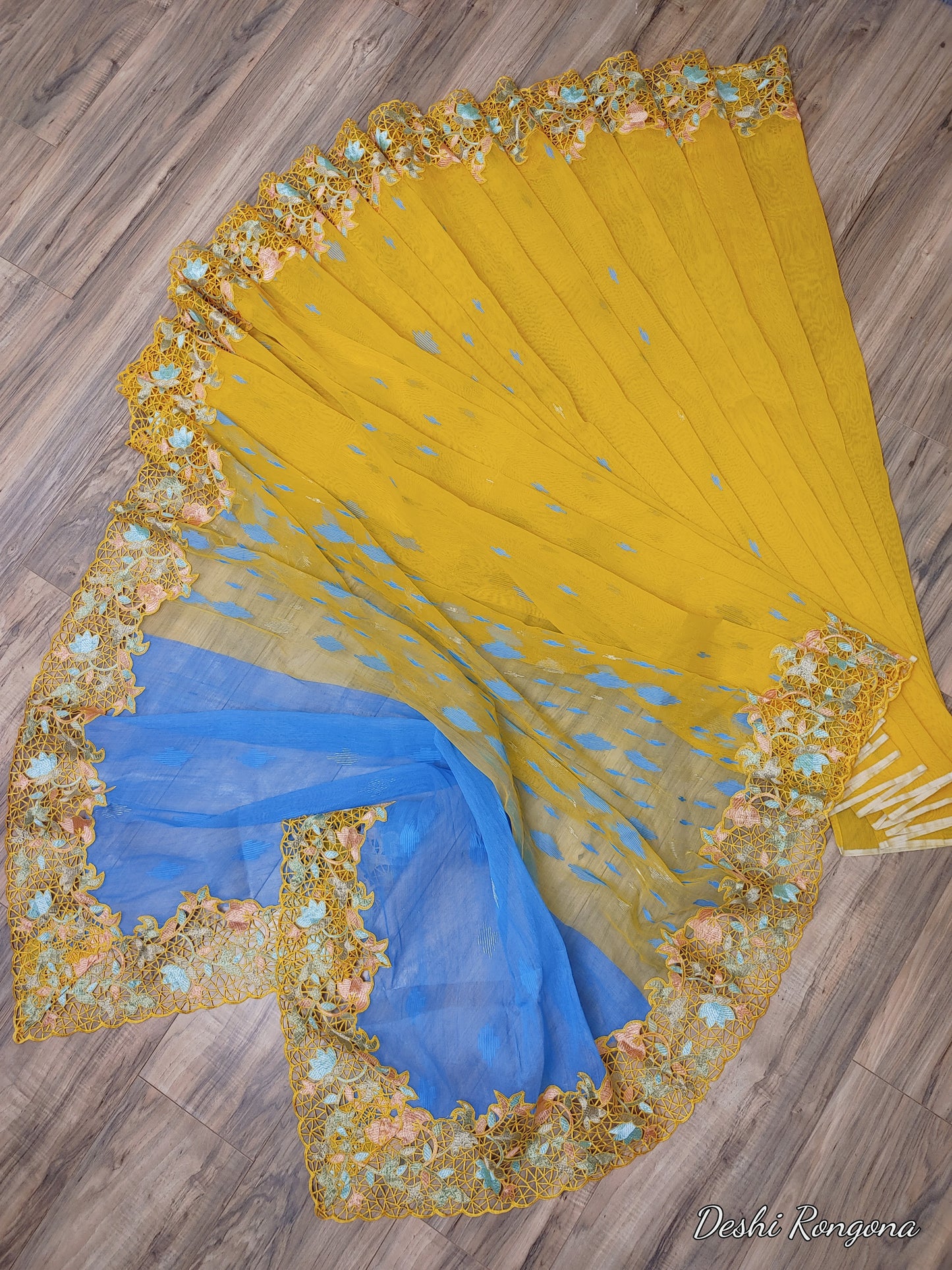 Yellow Original Dhakai Jamdani with Cutwork Embroidery