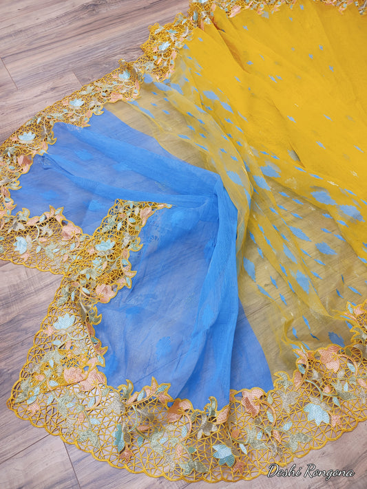 Yellow Original Dhakai Jamdani with Cutwork Embroidery