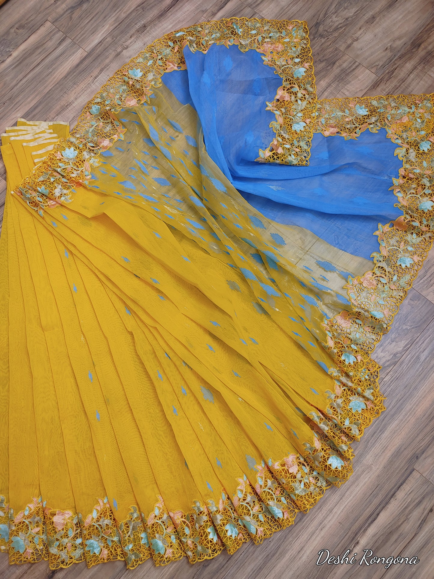Yellow Original Dhakai Jamdani with Cutwork Embroidery