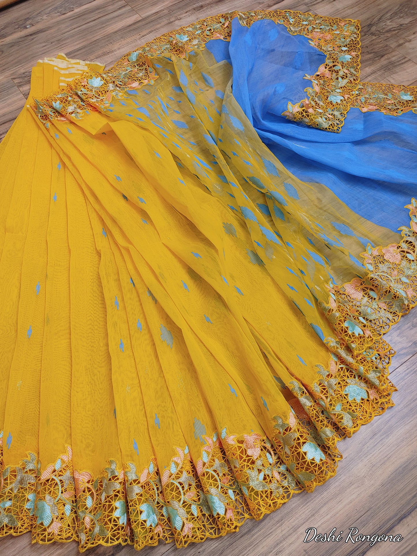 Yellow Original Dhakai Jamdani with Cutwork Embroidery