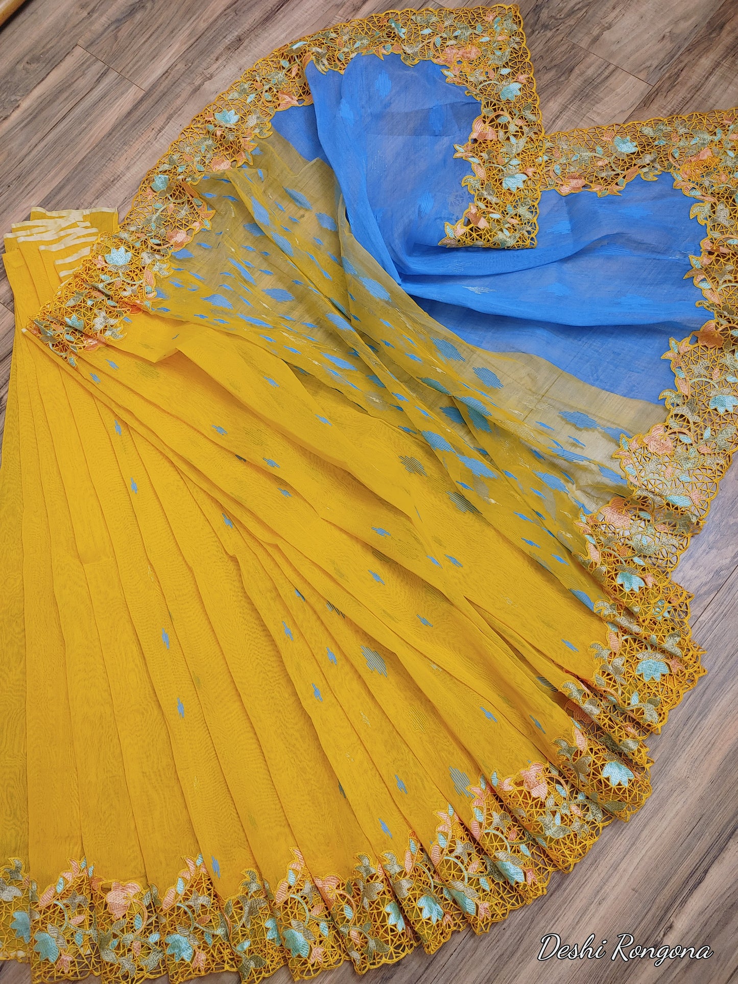 Yellow Original Dhakai Jamdani with Cutwork Embroidery