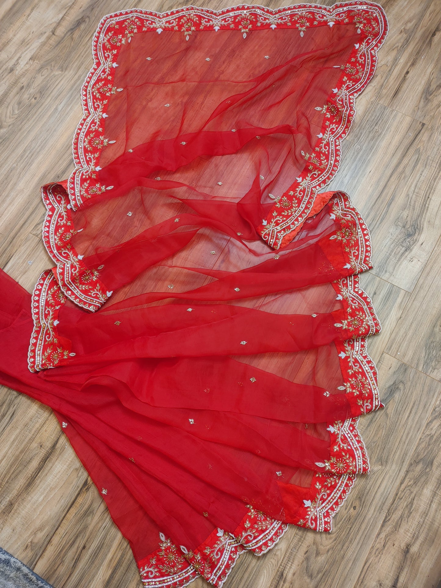 Original Moslin Handmade Karchupri work Saree, Bridal Red