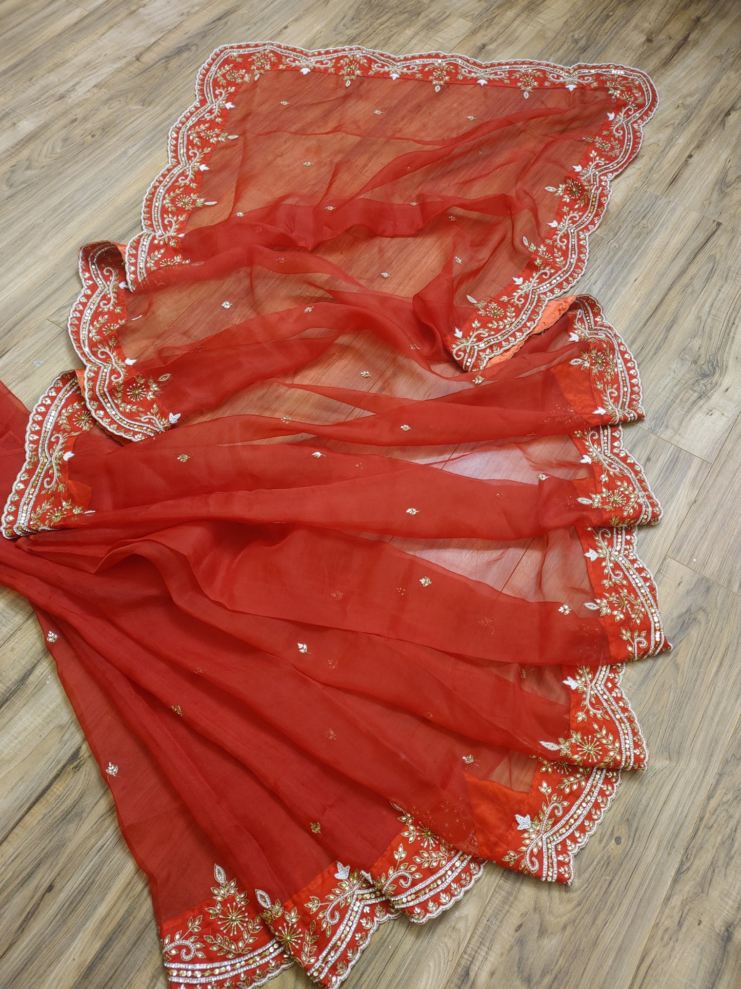 Original Moslin Handmade Karchupri work Saree, Bridal Red