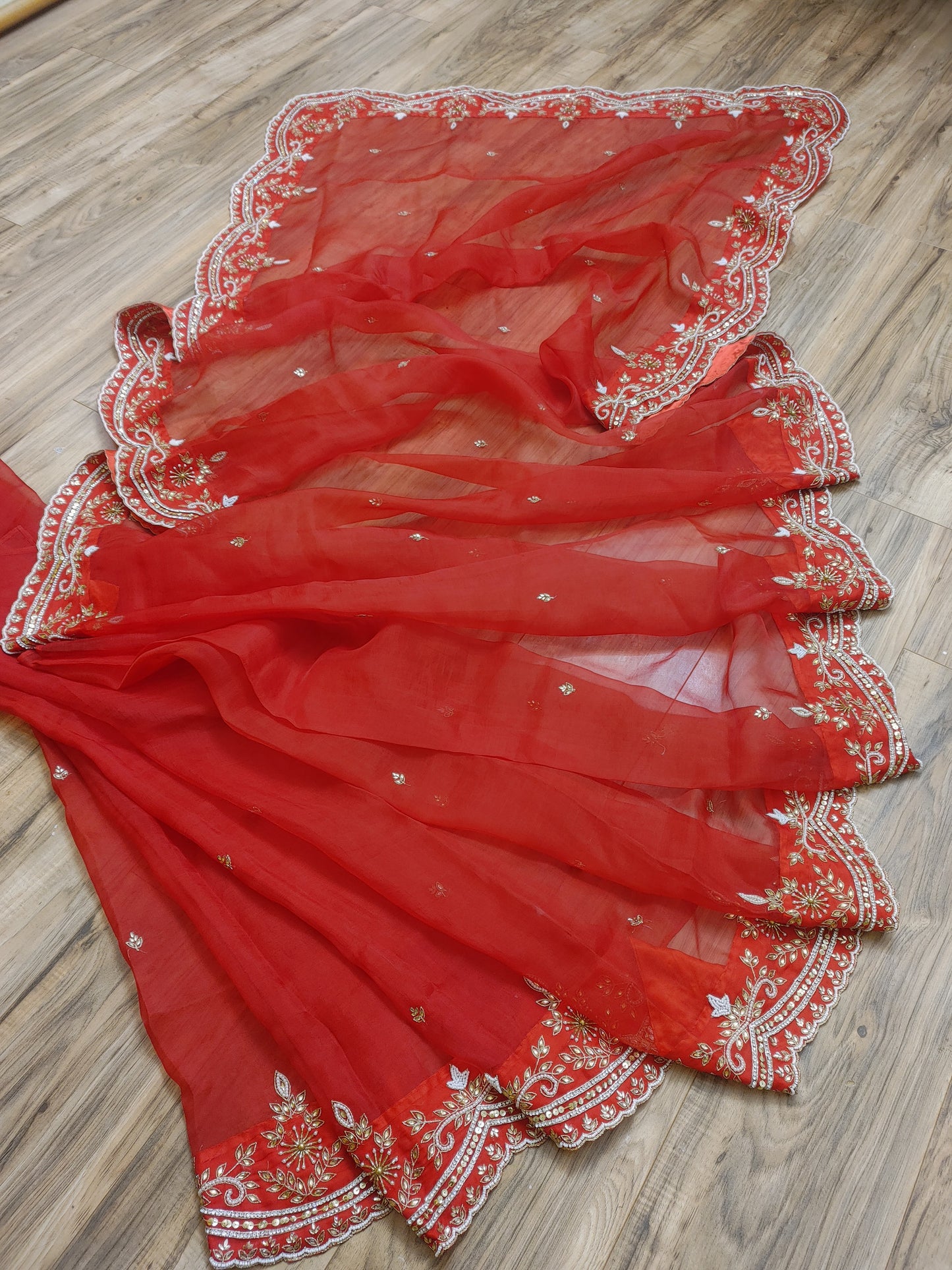 Original Moslin Handmade Karchupri work Saree, Bridal Red