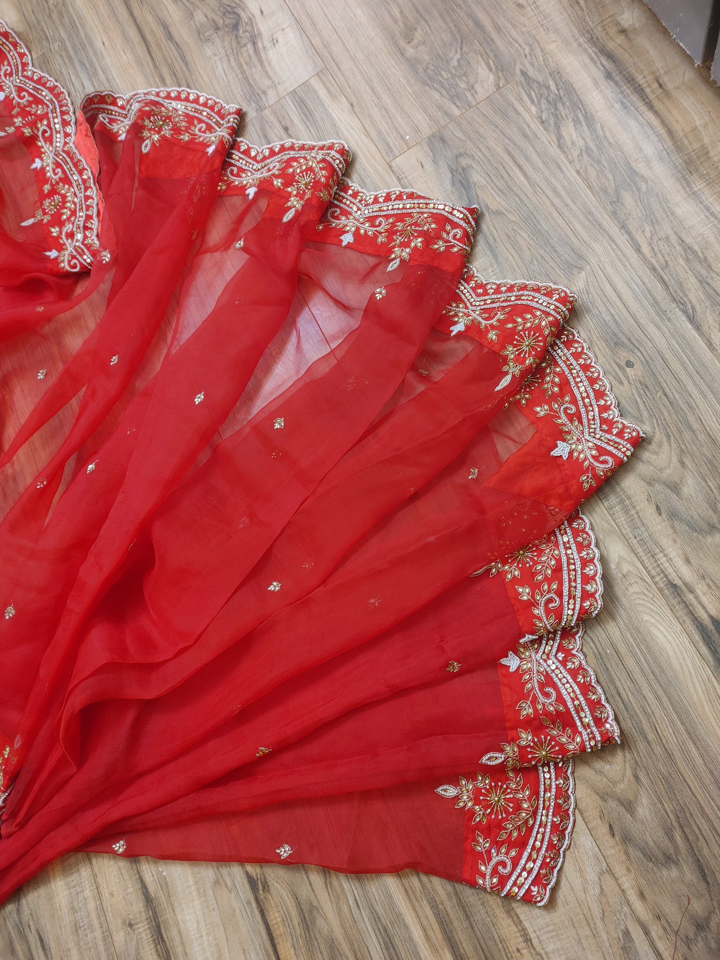 Original Moslin Handmade Karchupri work Saree, Bridal Red
