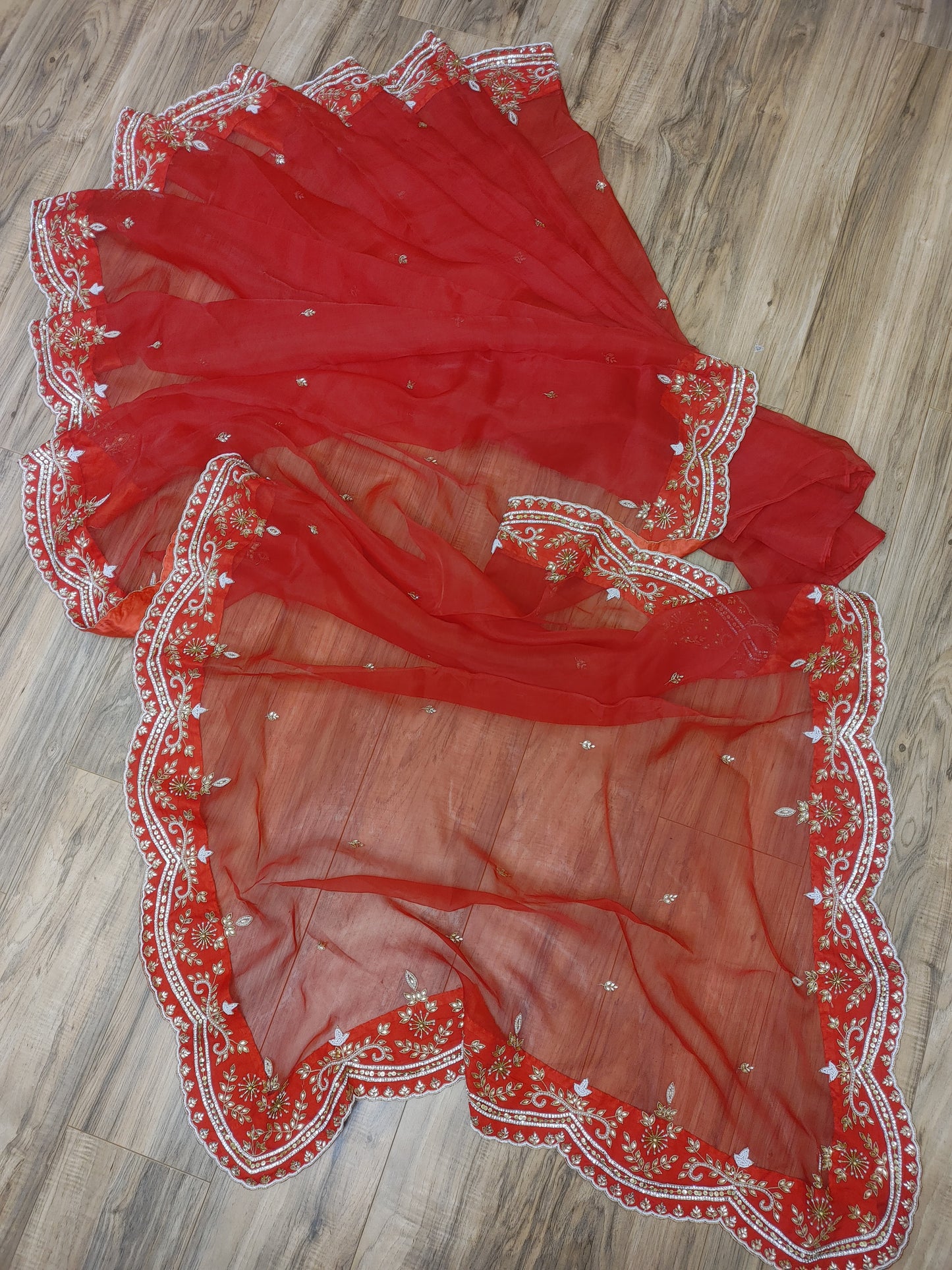 Original Moslin Handmade Karchupri work Saree, Bridal Red