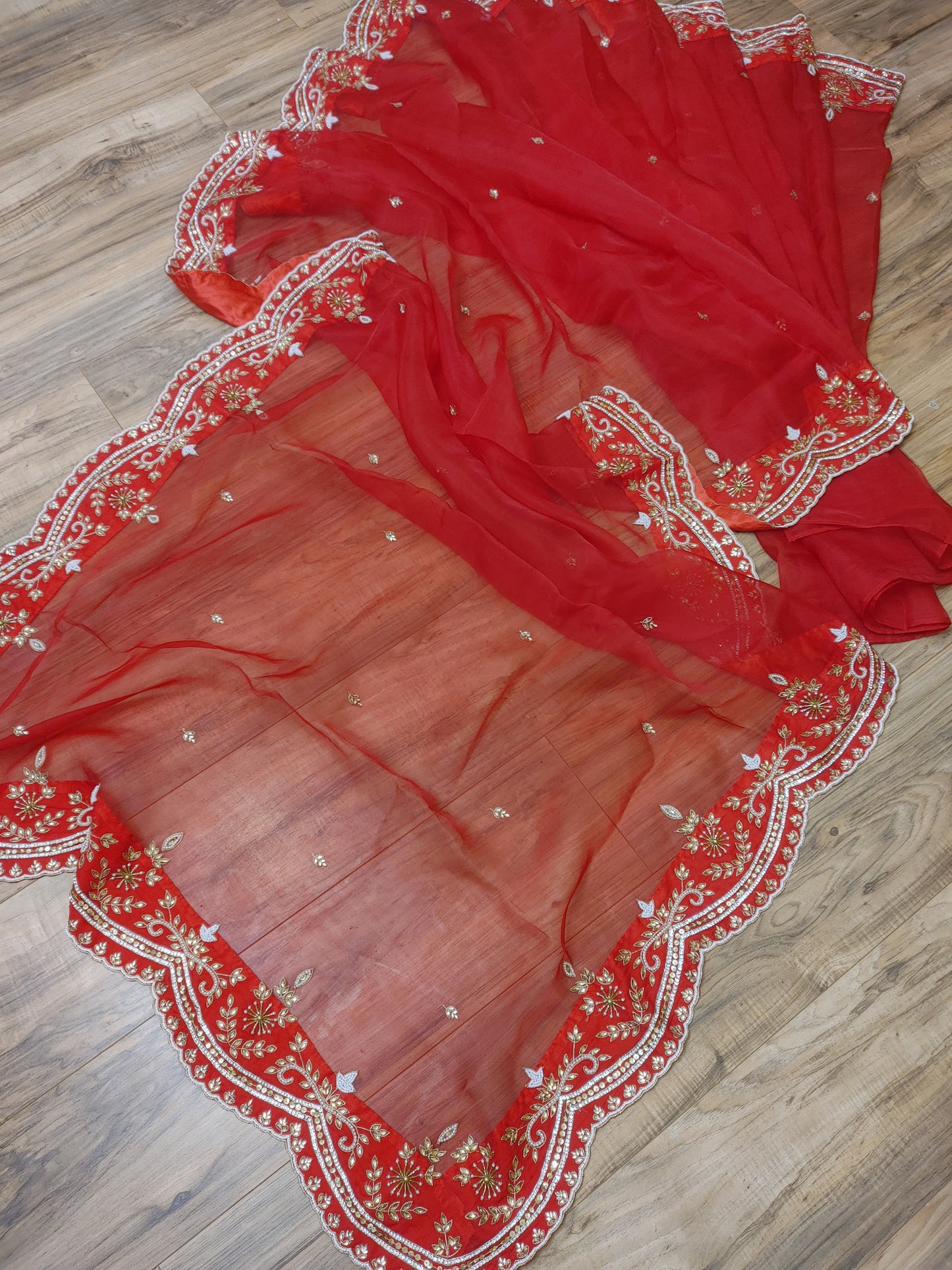 Original Moslin Handmade Karchupri work Saree, Bridal Red