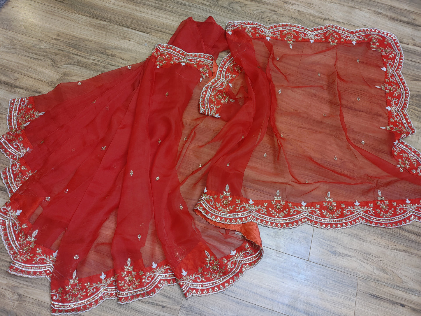 Original Moslin Handmade Karchupri work Saree, Bridal Red