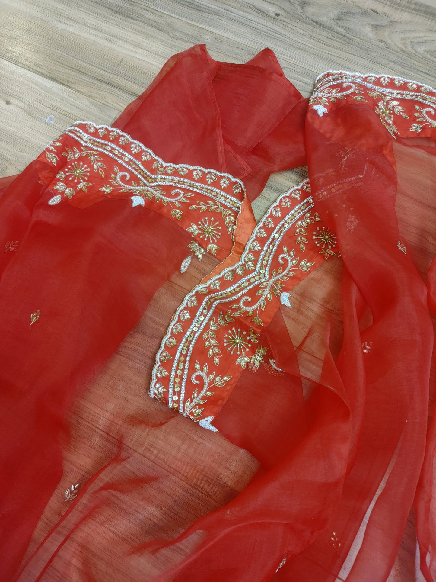 Original Moslin Handmade Karchupri work Saree, Bridal Red