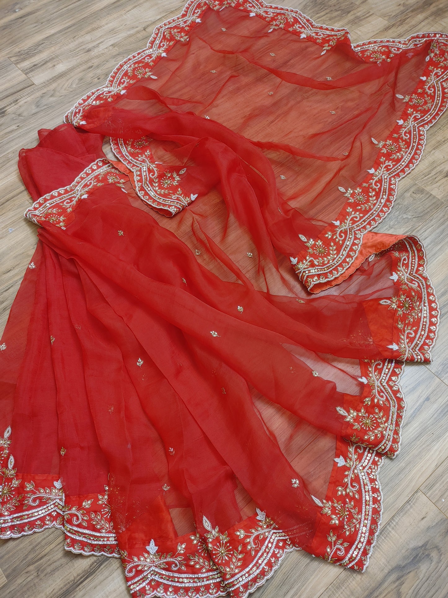 Original Moslin Handmade Karchupri work Saree, Bridal Red