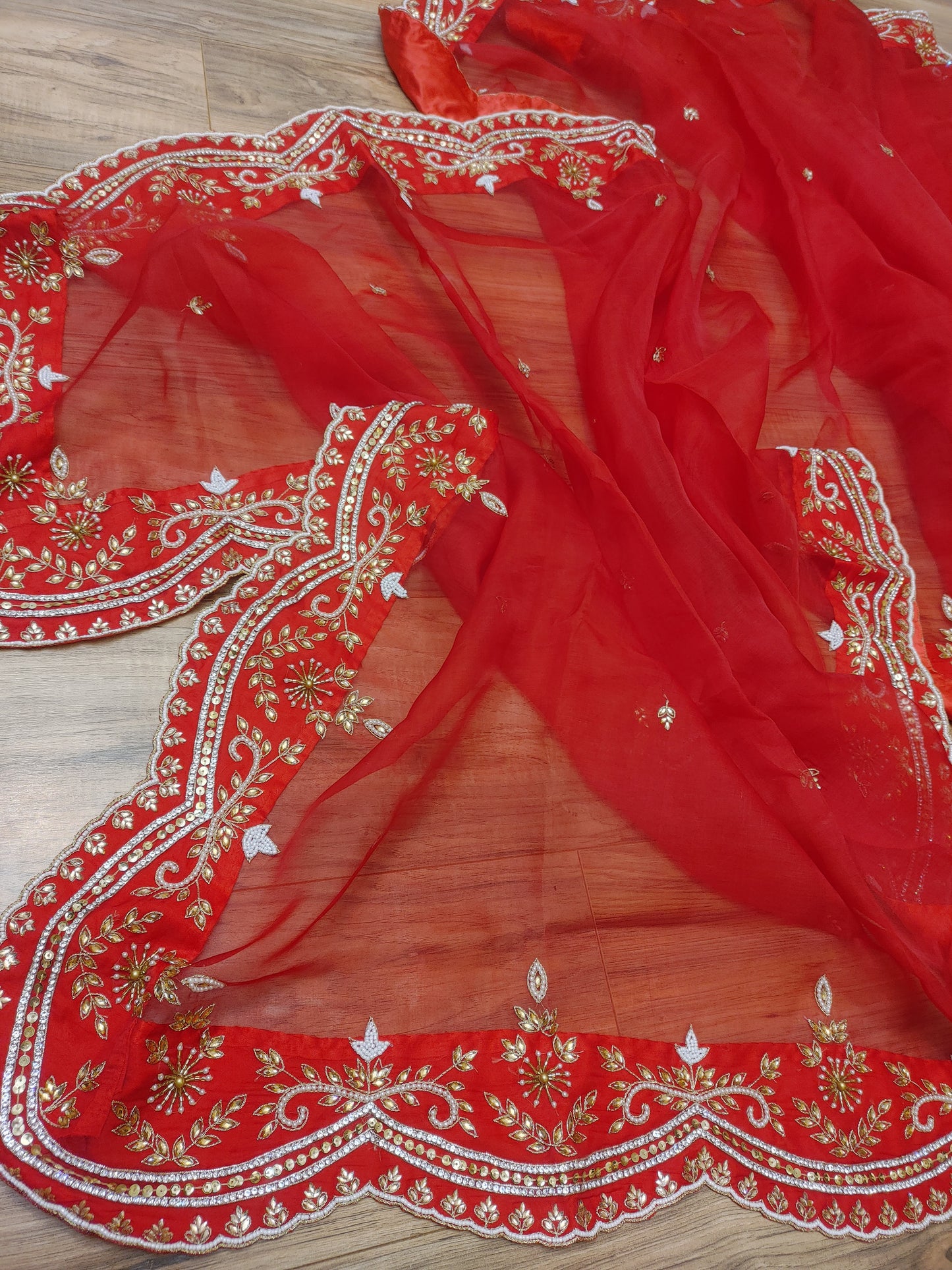 Original Moslin Handmade Karchupri work Saree, Bridal Red