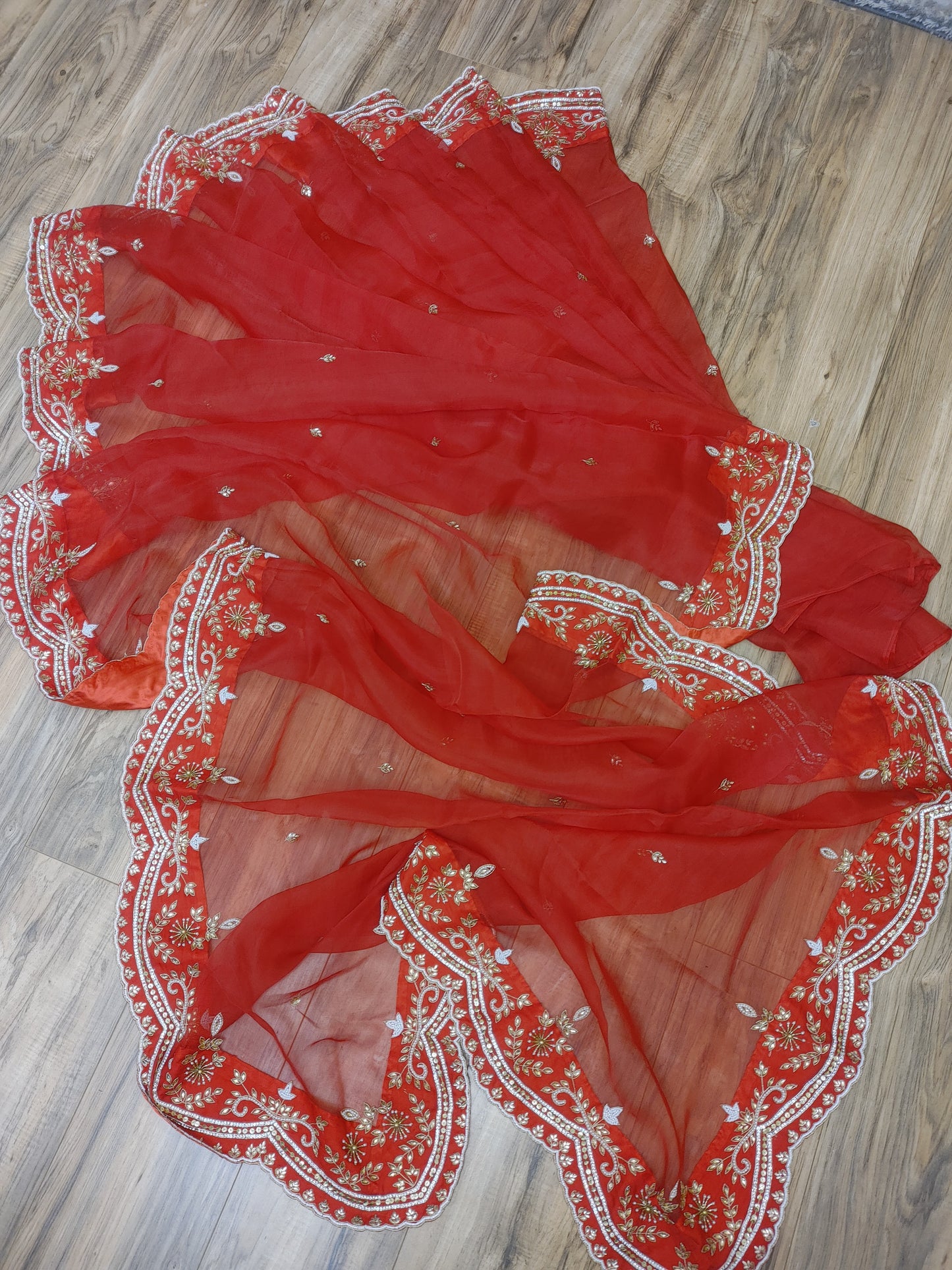Original Moslin Handmade Karchupri work Saree, Bridal Red