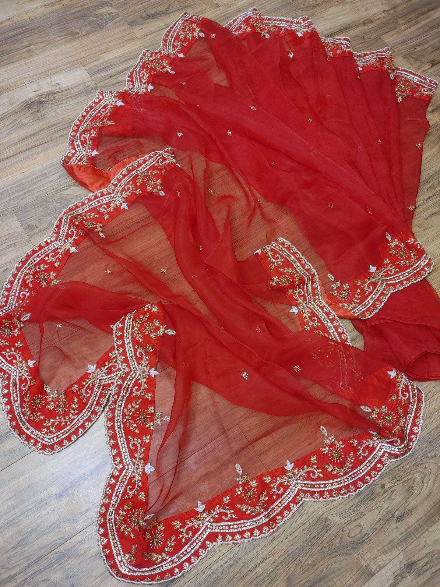 Original Moslin Handmade Karchupri work Saree, Bridal Red