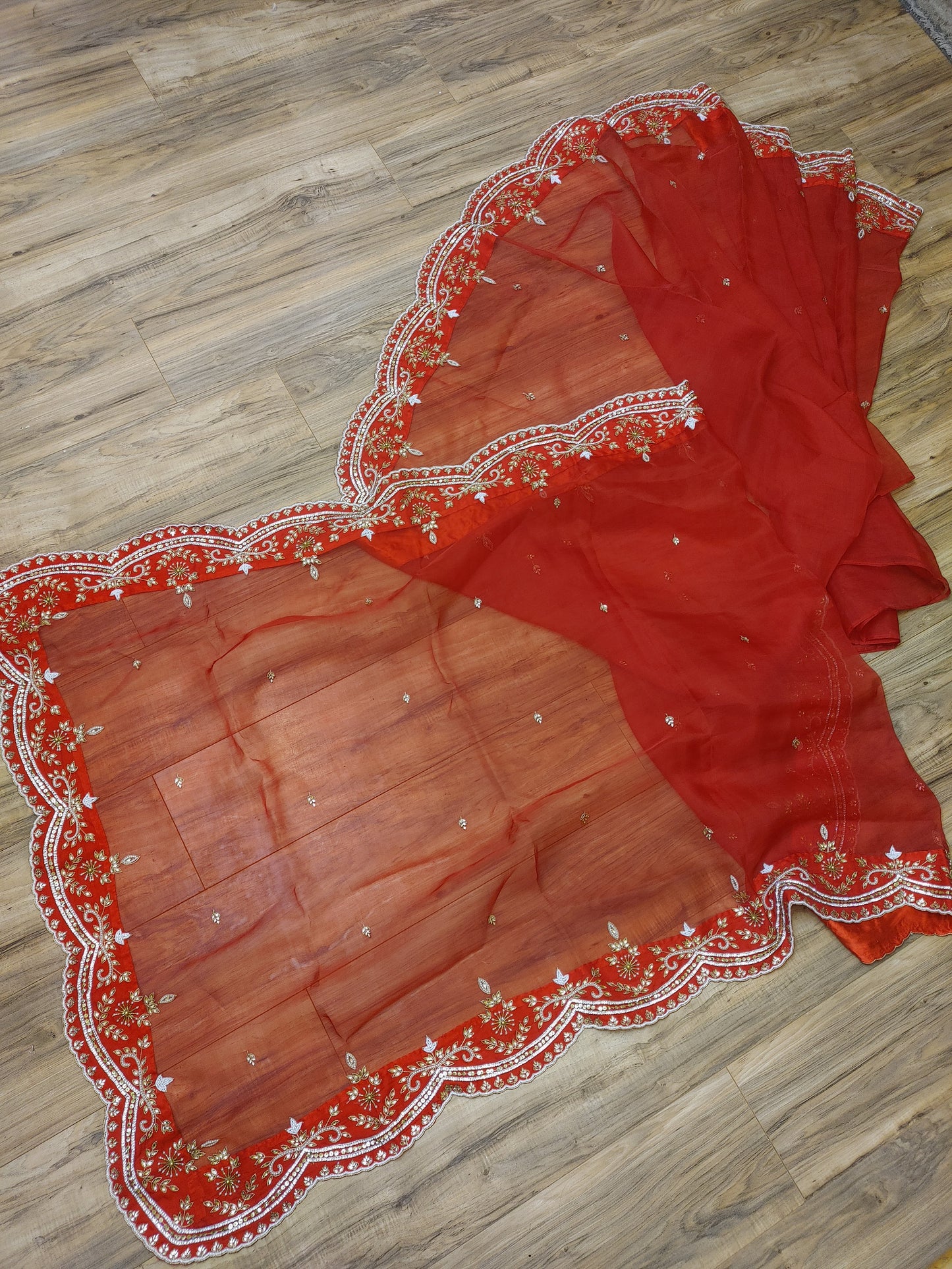 Original Moslin Handmade Karchupri work Saree, Bridal Red
