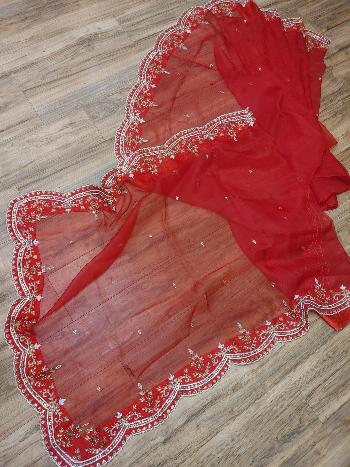 Original Moslin Handmade Karchupri work Saree, Bridal Red