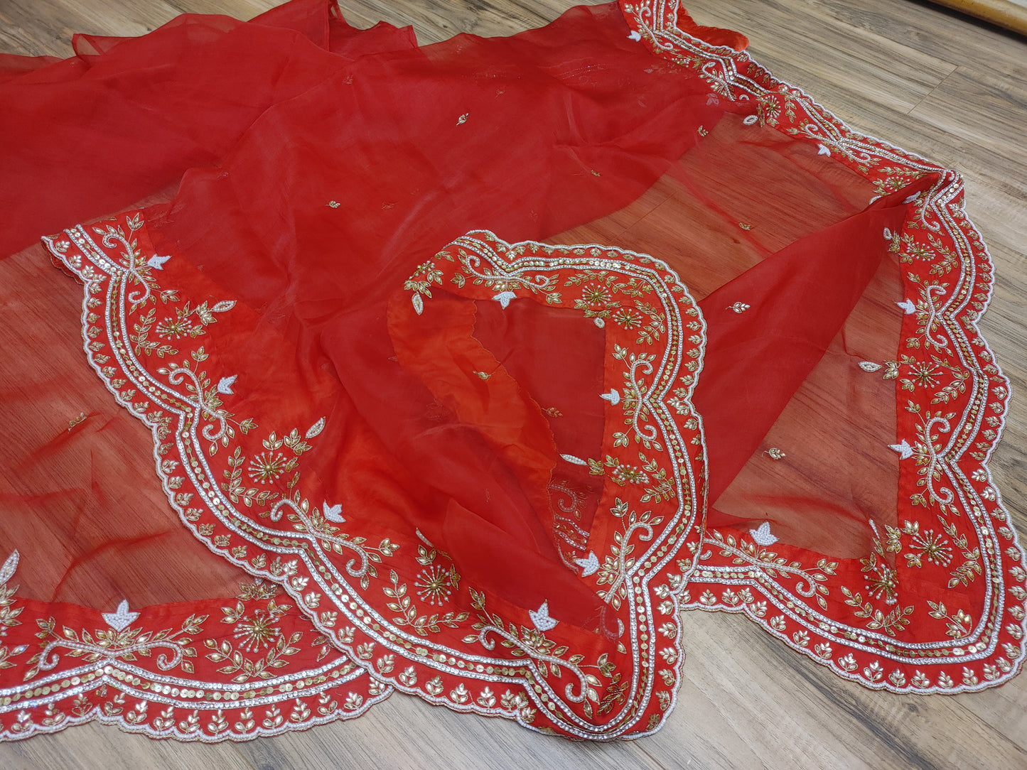 Original Moslin Handmade Karchupri work Saree, Bridal Red