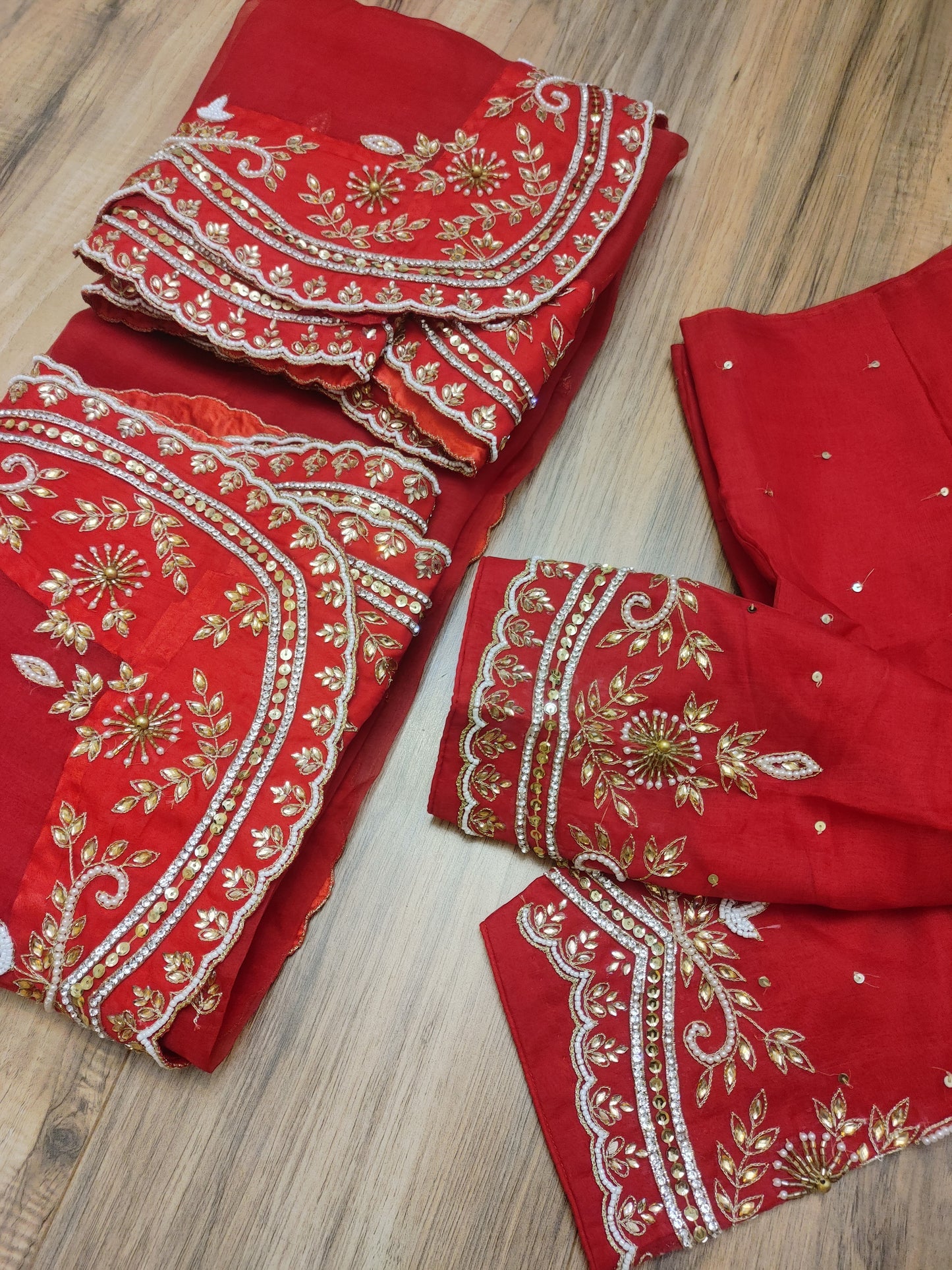 Original Moslin Handmade Karchupri work Saree, Bridal Red