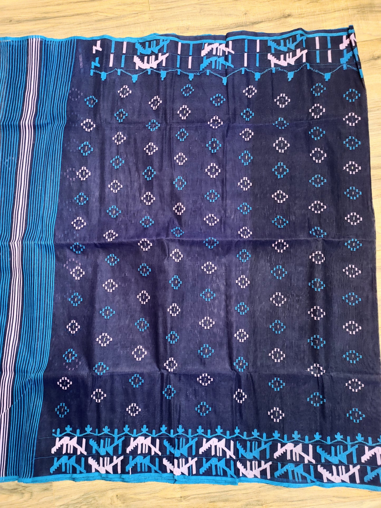 Original Dhakai Jamdani Saree, Handwoven Navy Blue with Pink/Blue work, 64 count, Halfsilk, Traditional, Classy Saree, Fall piko tassle done