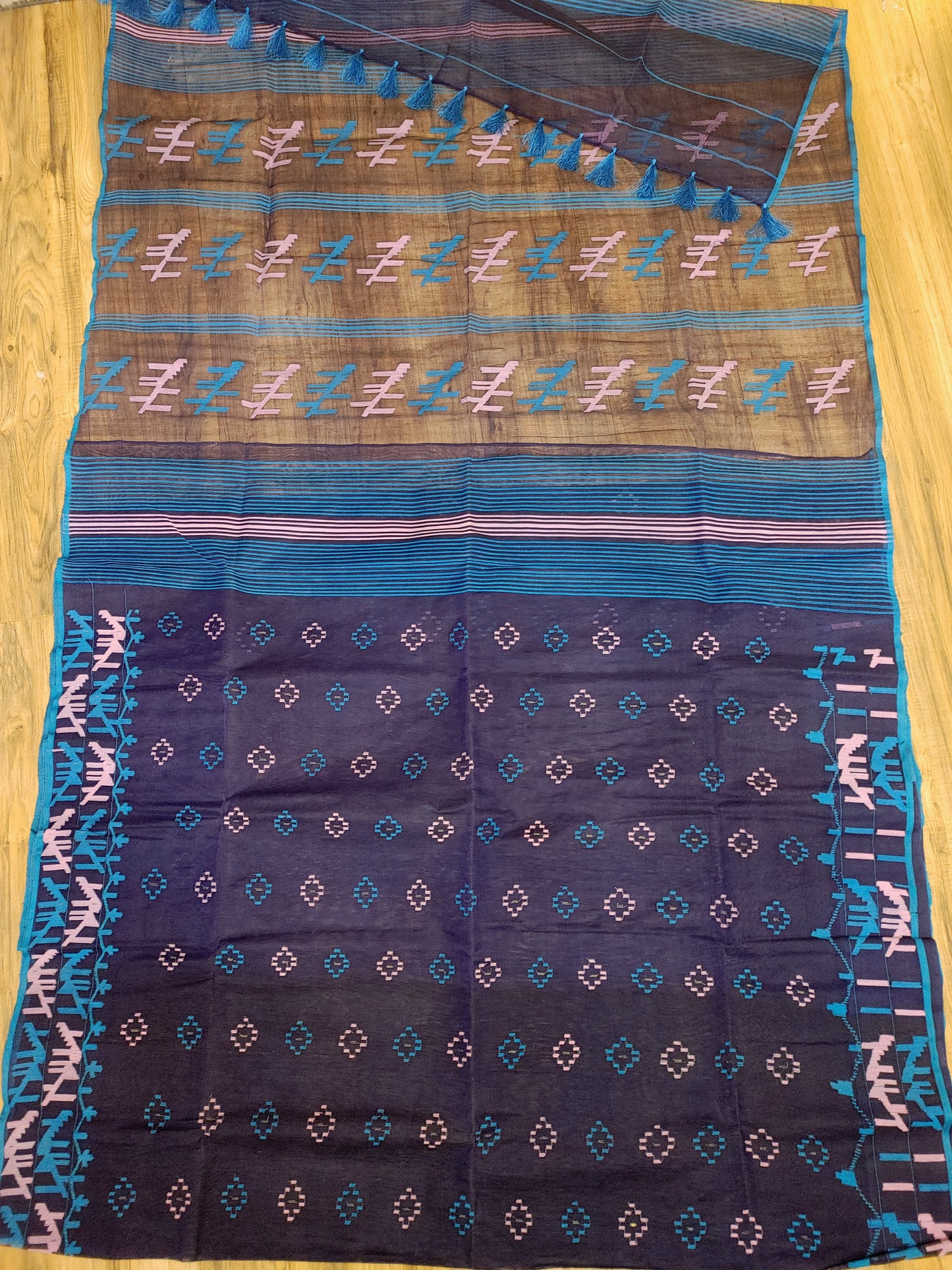 Original Dhakai Jamdani Saree, Handwoven Navy Blue with Pink/Blue work, 64 count, Halfsilk, Traditional, Classy Saree, Fall piko tassle done