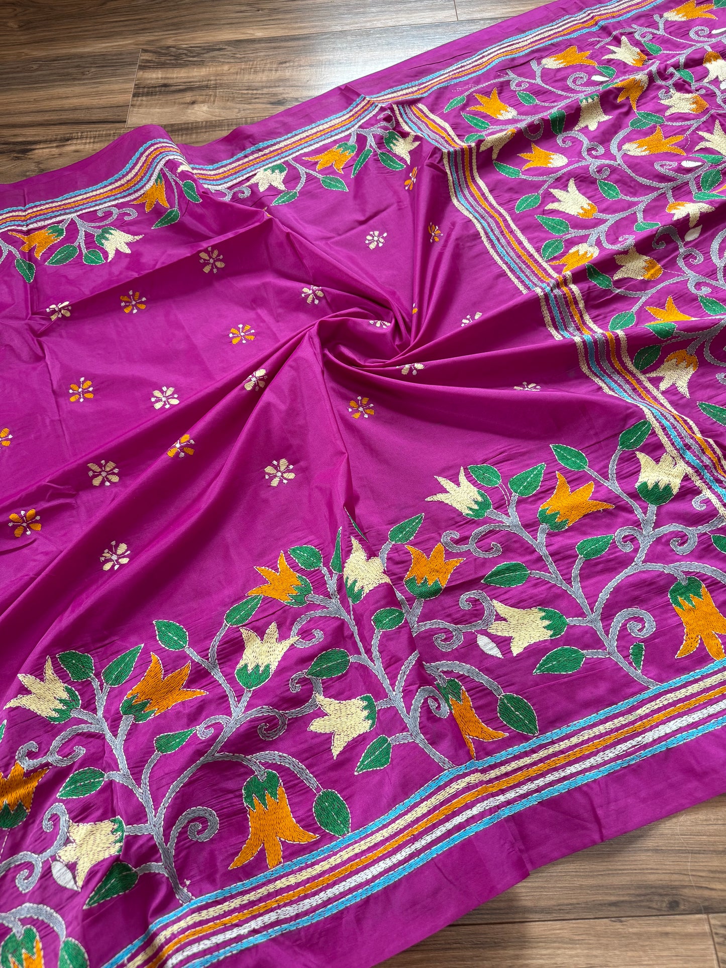 Bright Pink Bangalore Silk Kantha Saree
