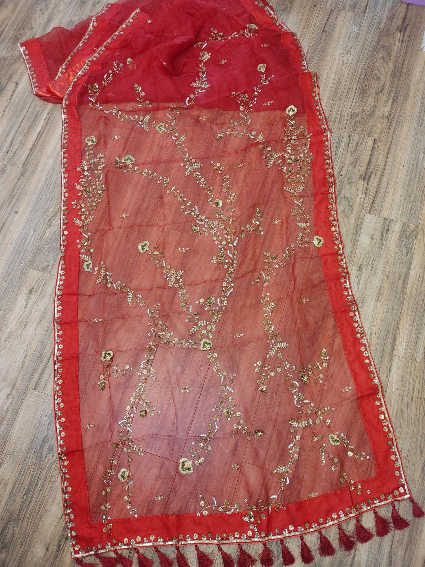 Original Moslin Handmade Karchupri work Saree, Bridal Red