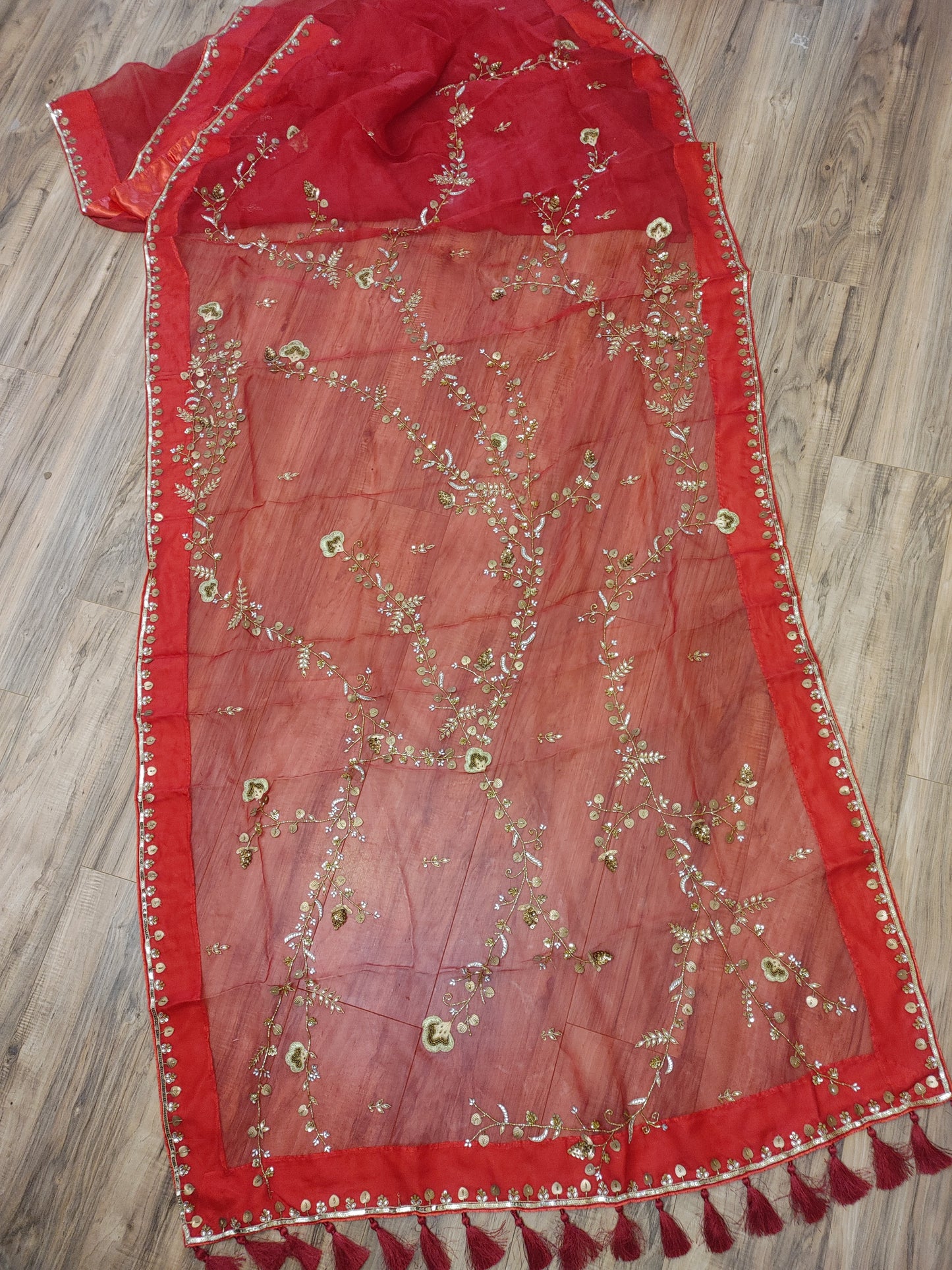 Original Moslin Handmade Karchupri work Saree, Bridal Red
