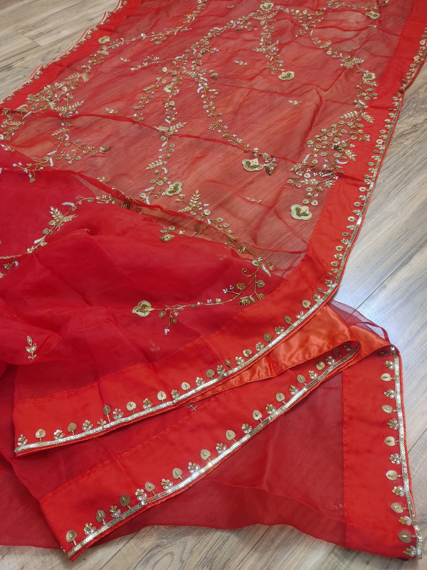 Original Moslin Handmade Karchupri work Saree, Bridal Red